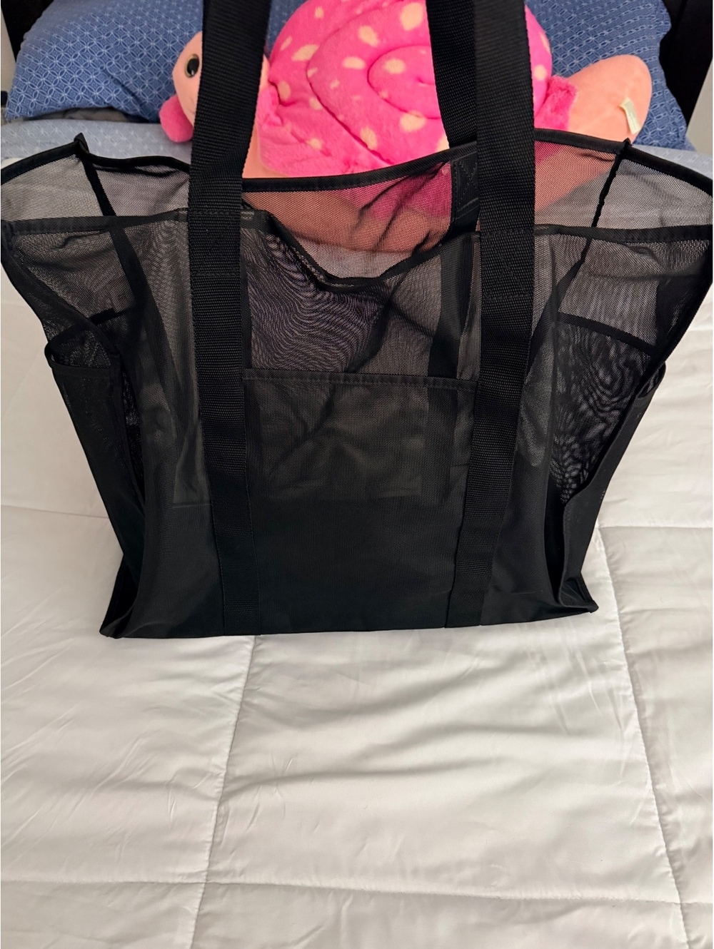 Black Mesh Tote Bag with Solid Base and Handles